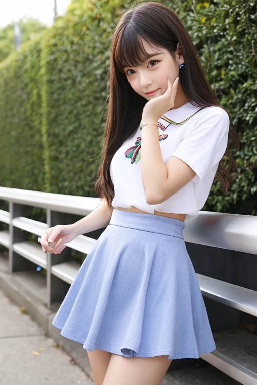 (8K),(best quality:1.5),(high resolution:1.5),  model,  idol, (Head to knee photo), (standing), (infantile build), ((1girl, 8 years old)), (black hair), ((pink camisole)), ((light blue mini skirt)), (smile)