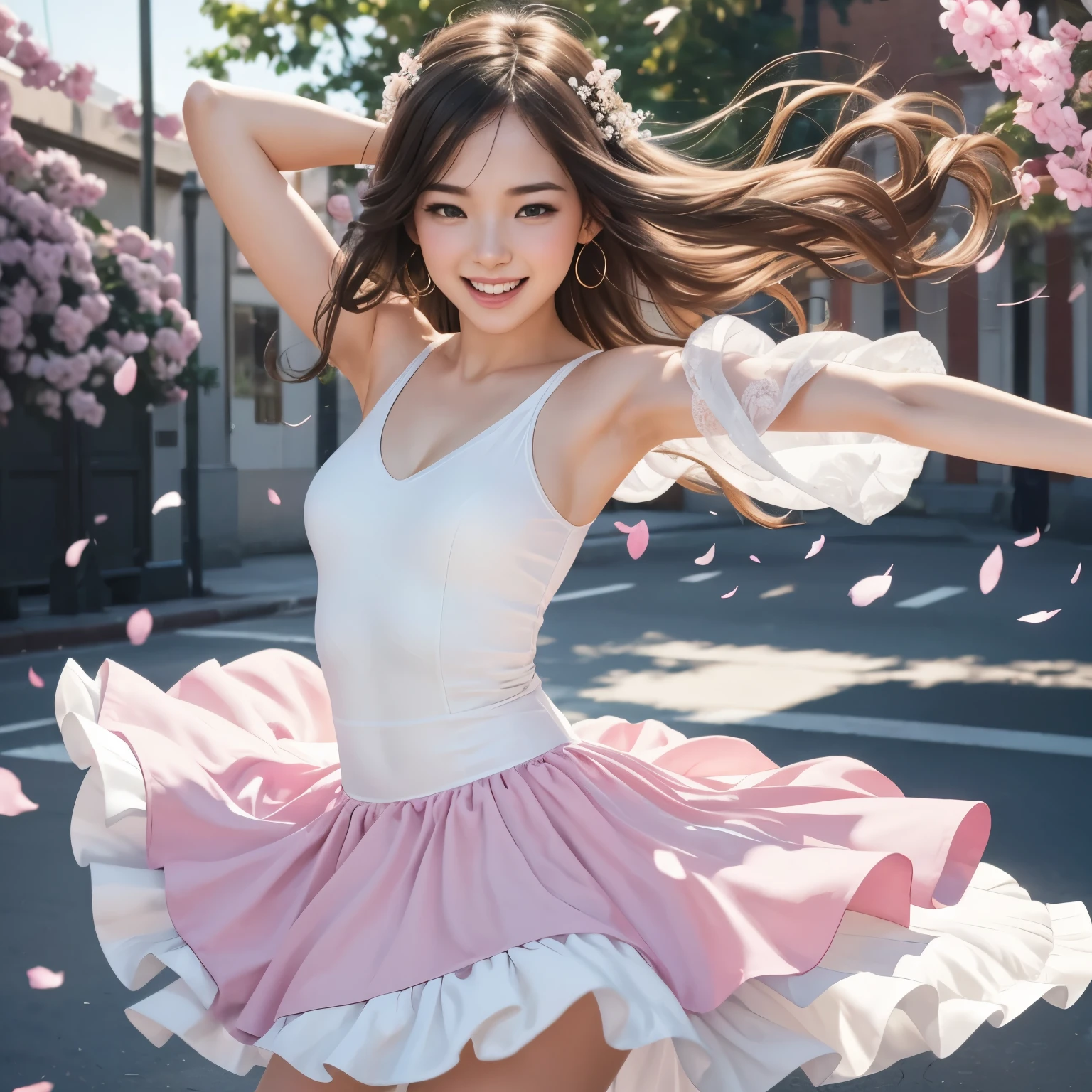 Arafed woman in a pink skirt and white top posing for a picture - SeaArt AI