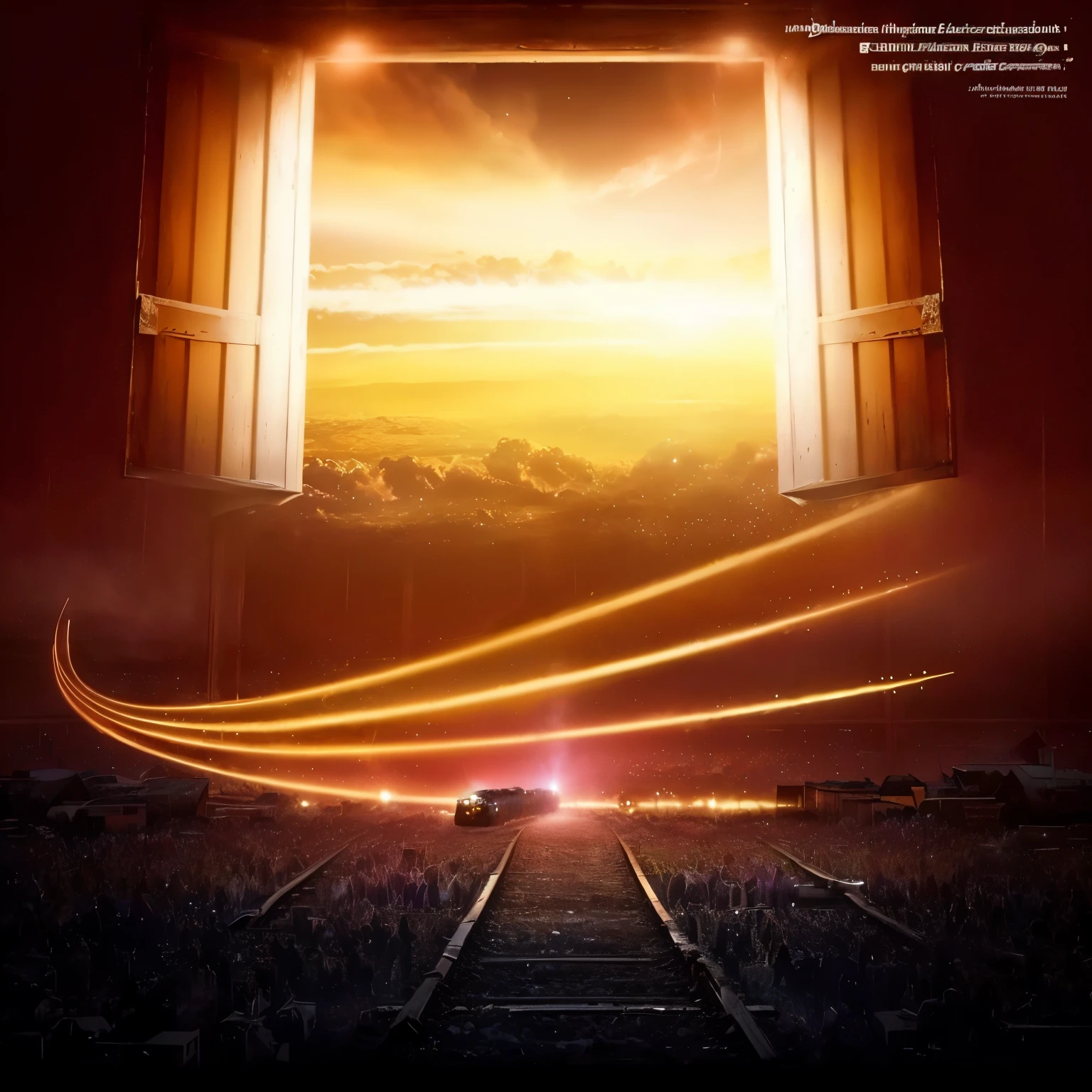a movie poster with a train leaving a window, epic atmosfera deslumbrante, cena de abertura, bela atmosfera, gold gates of heaven!!!!!!!!, movie poster without text, the gates of heaven, atmosfera deslumbrante, gates of heaven, epic atmosphere, very epic atmosphere, atmosfera real, atmosfera celestial, raios de deus passam pela janela, arte do filme