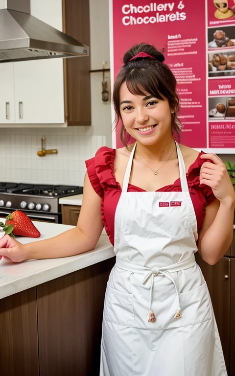 In a kitchen, a Swiss chocolate school, students learn from chocolate posters, They smile, apasionados por la cocina, creativos platos con chocolate, Delicious chocolate-covered cakes and strawberry and pineapple desserts adorn the image.