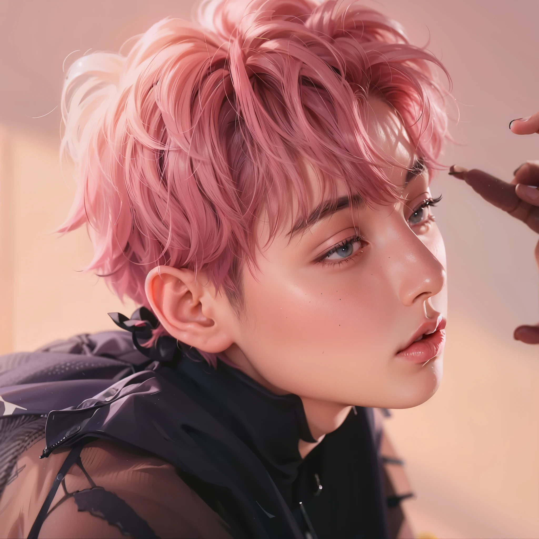a close up of a person with a pink hair and a black shirt, cai xukun, jungkook, jinyoung shin, key still, inspired by Yanjun Cheng, ten lee, jinyoung shin aesthetic, yanjun chengt, inspired by jeonseok lee, hyung tae, closeup portrait shot, taejune kim, young wan angel, inspired by Bian Shoumin