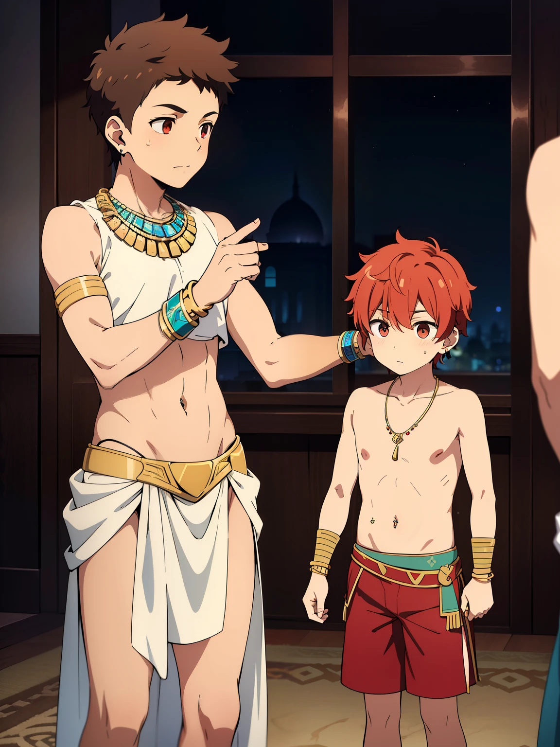 Highres, Masterpiece, Best quality at best,Best Quality,hight quality, hight detailed, 1boy, Boy,Fluffy hair, Side bangs, Shota, Thin young boy without a shirt, Red hair, Egyptian palaces, Egyptian tribal luxury loincloth, earrings, bracelets, necklaces, navel piercing, (very  boy), 14-ye-olys, Bry and simple beckground, bokeh, Uhd