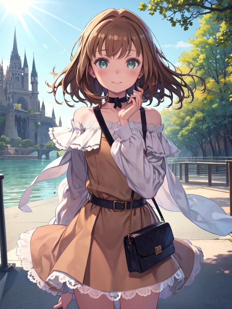 Anime girl in a brown dress standing on a bridge、Valvrave, 1 girl, Brown Hair, Green Eyes, Fantasy World, Remains, Van, Beautiful sky, Bright Sky, sunlight, smile, wave hands, Belt Bag, リストVanド, Ribbon choker, dress blowing in the wind, Lace dress, Long sleeve, Off-the-shoulder sleeves