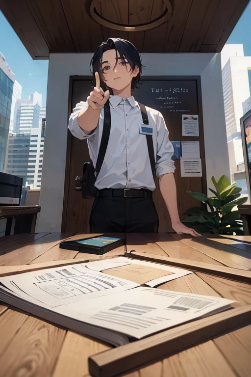 Imagine um garoto loiro, com cabelos ao vento, firmly holding a piece of wood. He is pointing to a company chart that is in free fall, despencando rapidamente. Ao redor, a scene of empty offices and worried employees. Agora, transforme essa cena em um desenho ou pintura