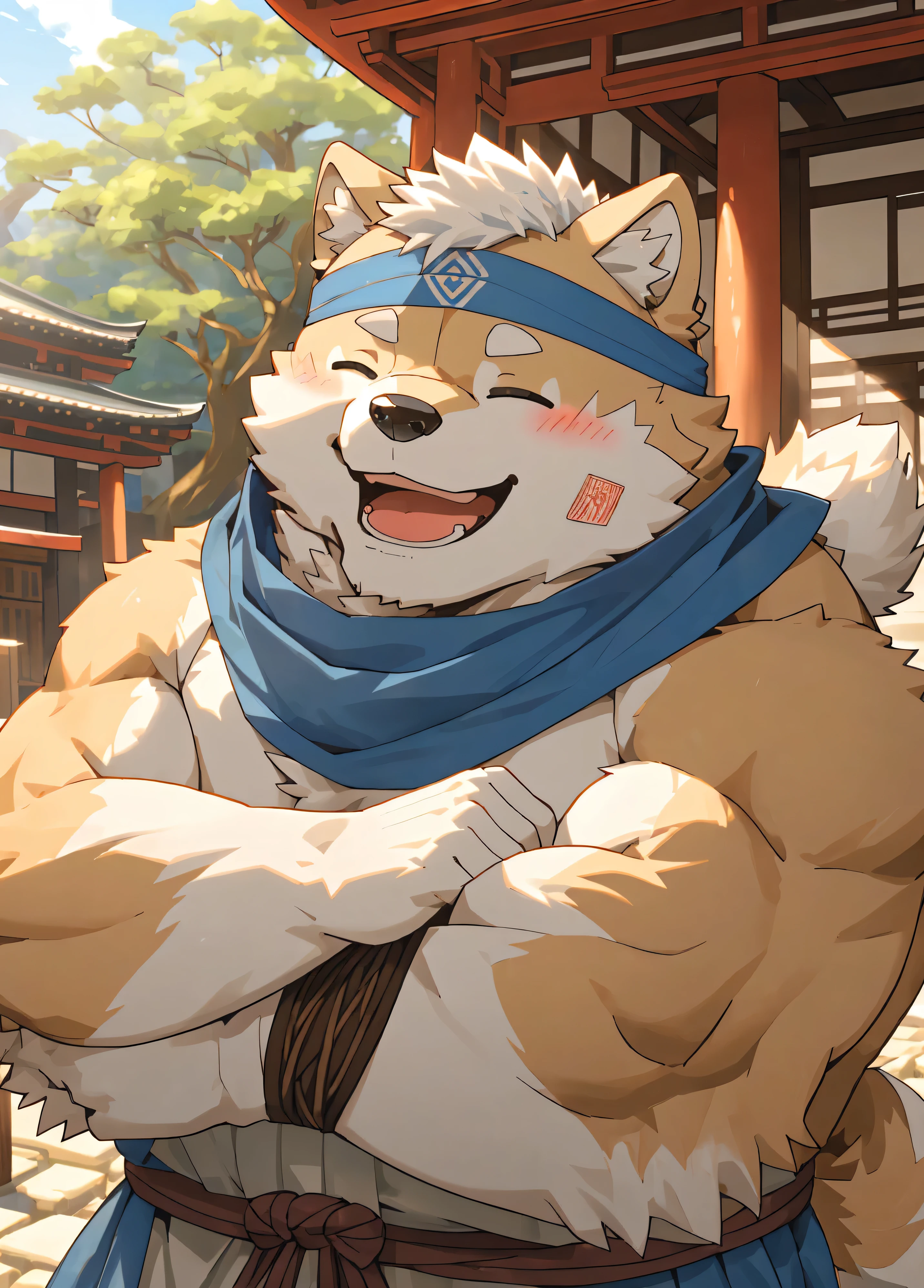 (masterpiece)，(Very detailed)，(best quality)，hairy，Shiba Inu，fur，white hair，Gray pupil，(Japan samurai attire)，((blue scarf))，((brown headband))，(blush:1.1)，((Close your eyes))，Happy smile，Temple Background，8K，(high quality)，(Ultra high quality)，(Super detailed)