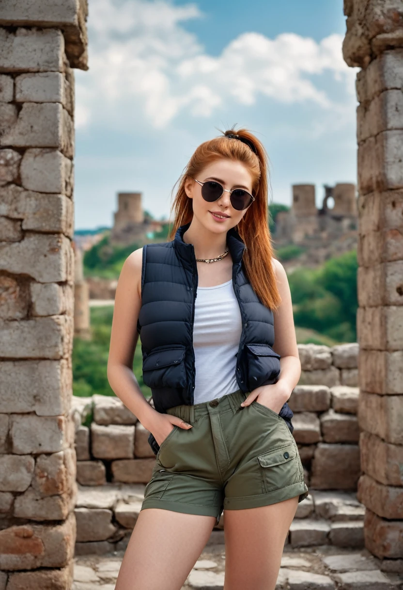hyperrealistic beautiful busty 18-year-old women wearing henley shirt with puffer vest and cargo-shorts, sunglasses, model shooting full body photography, view from behind, natural redhead short straight ponytail, dark eye makeup with eyeliner, seductive smile, small necklace, 8K, Best quality, Meisterwerk, ultra high resolution, (Realismus: 1.4), Originalfoto, (realistische Hautstruktur: 1.3), (Filmkorn: 1.3), (Selfie-Winkel), 1 girl, Beautiful round hazel eyes and facial details, Meisterwerk, Best quality, selfie-pic-posing outside with ancient city ruins skyline, nsfw