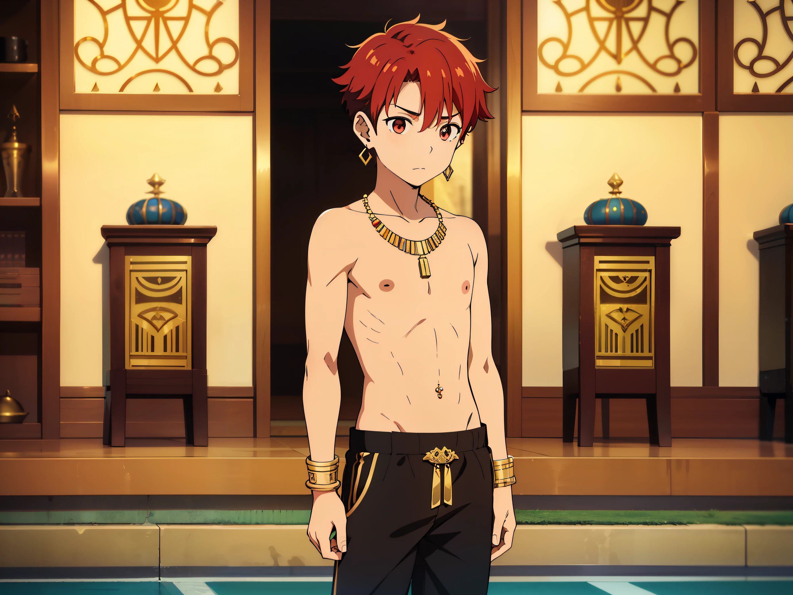 Highres, Masterpiece, Best quality at best,Best Quality,hight quality, hight detailed, 1boy, Boy,Fluffy hair, Side bangs, Shota, Thin young boy without a shirt, Red hair, Egyptian palaces, Egyptian tribal luxury pants, earrings, bracelets, necklaces, navel piercing, (very  boy), 14-ye-olys, Bry and simple beckground, bokeh, Uhd