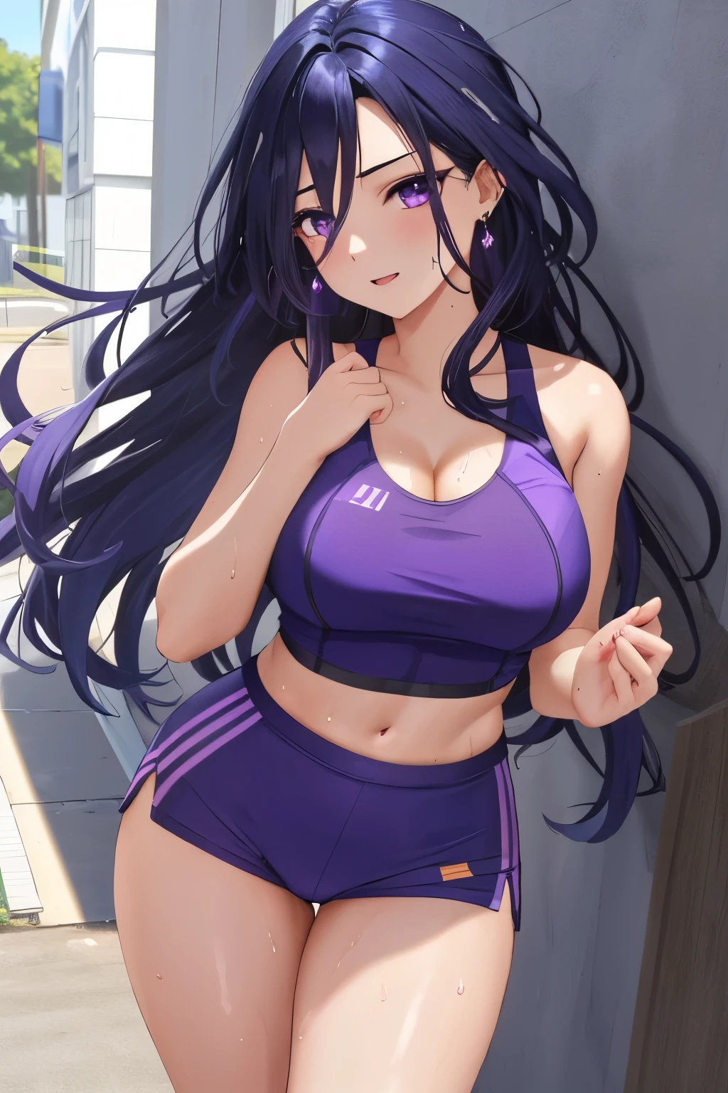 masterpiece, best quality, highly detailed, 1girl, solo, giclorinde, purple eyes, large breasts, hair between eyes, long hair, dark blue hair, earrings, purple running outfit, sweaty, panting, sweat on face running, purple running shoes,