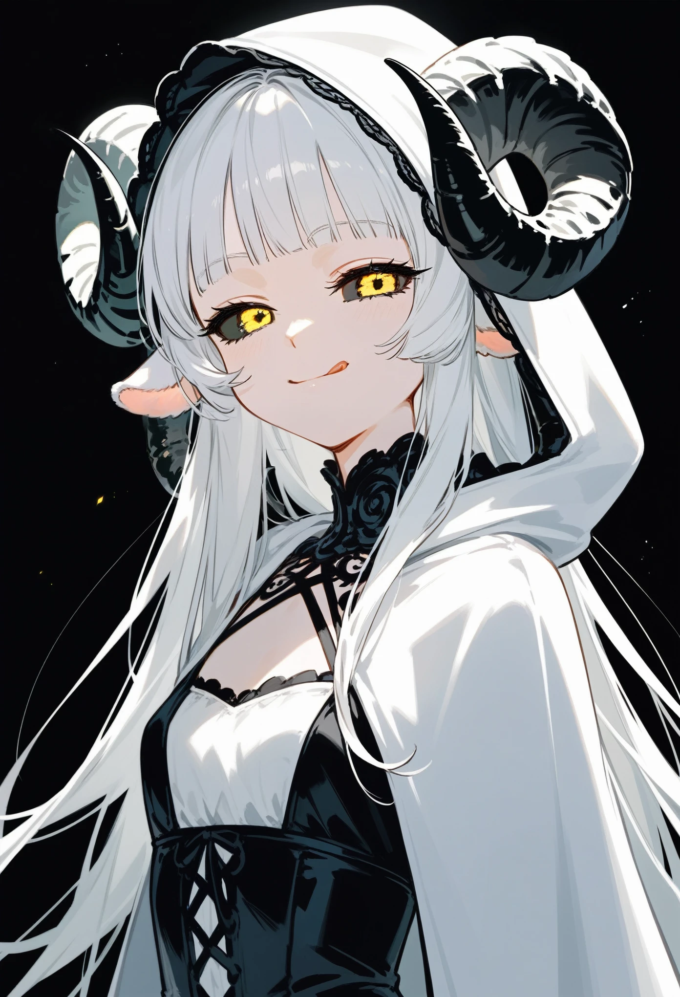 score_9, score_8_up, score_7_up, 1girl, solo, curled black horns, white sheep ears, white hair, long hair, hime cut, sheep horns, yellow eyes, (black sclera), evil smile, smug, tongue out, small breasts, standing, white hooded cultist cloak, hood off, old fashioned, black victorian dress beneath, black background, simple background, upper body, best quality