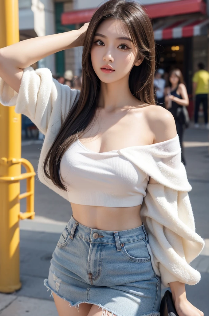 Ultra-Realistic Capture, Highly detailed, High resolution16Kの人間の皮膚のクローズアップ. Skin texture must be natural, 毛穴まで細かく判別できるほどdetailed, Skin should look healthy, In a unified tone. Use natural light and color, Photorealistic, whole bodyショット, whole body, highest quality, masterpiece, High resolution, (detailed:1.4), 1 girl, (Thick eyeliner), Light Hair Color, Streak, Hair Extensions, Dark eyeshadow, Fair-skinned, extremely thin eyebrows, Accentuate your eyes with eyeliner, False eyelashes, Off-the-shoulder tops, mini skirt, Take a selfie, amusement park