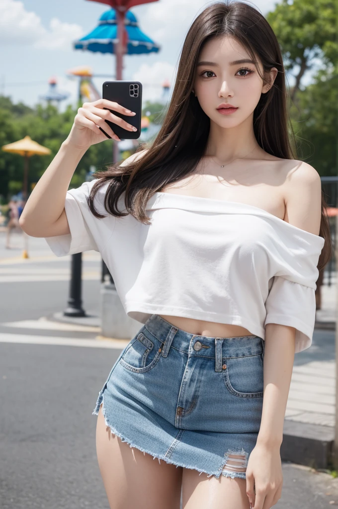 Ultra-Realistic Capture, Highly detailed, High resolution16Kの人間の皮膚のクローズアップ. Skin texture must be natural, 毛穴まで細かく判別できるほどdetailed, Skin should look healthy, In a unified tone. Use natural light and color, Photorealistic, whole bodyショット, whole body, highest quality, masterpiece, High resolution, (detailed:1.4), 1 girl, (Thick eyeliner), Light Hair Color, Streak, Hair Extensions, Dark eyeshadow, Fair-skinned, extremely thin eyebrows, Accentuate your eyes with eyeliner, False eyelashes, Off-the-shoulder tops, mini skirt, Take a selfie, amusement park