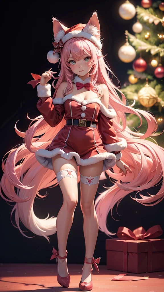 (high resolution, full body, soft skin:1.2),(best illustration,masterpiece:1.2),ultra-detailed,[(cat ears ,pink inside:1.2),vivid colors,sharp focus,portrait,studio lighting,bokeh, wearing a santa uniform and hat, white background