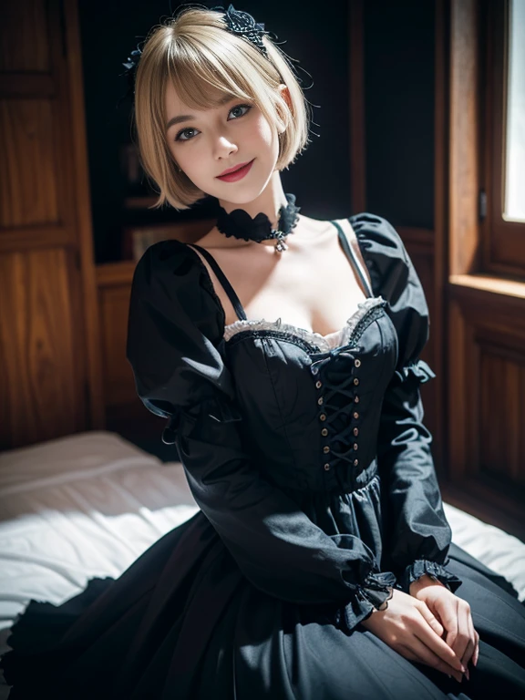 8K,Masterpiece,One woman,Smile,30 years old,blue eyes,Blonde Hair,Short Bob Hair,(Gothic Lolita Costumes),Ella Freya, a beautiful Dutch YouTuber(Ella Freya),