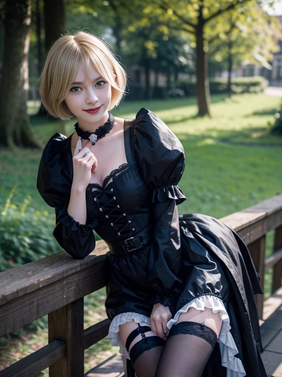 8K,Masterpiece,One woman,Smile,30 years old,blue eyes,Blonde Hair,Short Bob Hair,(Gothic Lolita Costumes),Ella Freya, a beautiful Dutch YouTuber(Ella Freya),
