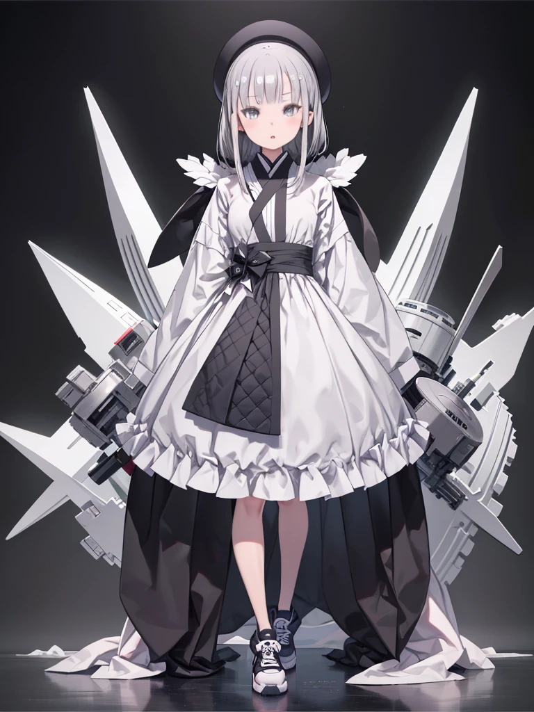 灰色のポンチョを着た女性がGray backgroundの前にAre standing、(anime:1.3), (Full Body Shot, Fashion Portrait:1.6), Super detailed, beautiful, masterpiece, highest quality, _ break (One girl:1.2), 22 years old, 160cm, Cute Japanese Model, (Tone the whole body:1.4), Small Head, Small face, Diamond Face, Small Nose, Sharp face line, Young hands and fingers, beautiful hands and fingers, Five Fingers, _ break (Glossy lips:1.3), (Light colored lips, Mouth half open, beautiful Teeth:1.2), (Droopy eyes, double eyelid, Light-colored eyes:1.4), _ break (Trim your hair:1.3), (Gray Hair:1.3), _ break (Gray background:1.4), fog, haze, _ break (Wide-angle,Full Body Shot:1.6), (Are standing:1.3), (Cool model pose:1.4), (White lightning from the front), break (An oversized black and white poncho combined with a dress made of patchwork fabric, maximum length:1.2), (Nylon Fabric:1.2), break (Thick-soled high-top sneakers:1.2), (Bold urban style:1.2), break (Lots of silver accessories:1.2)