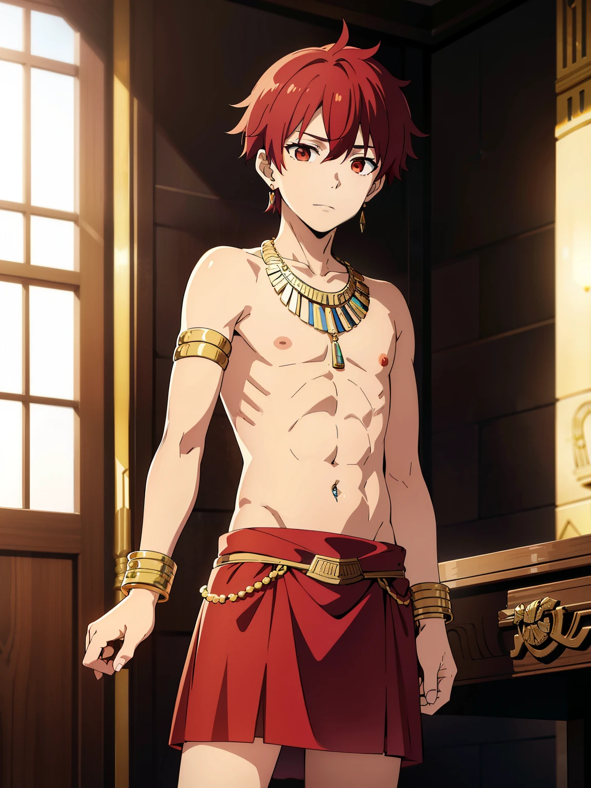 Highres, Masterpiece, Best quality at best,Best Quality,hight quality, hight detailed, 1boy, Boy,Fluffy hair, Side bangs, Shota, Solo person, Thin young boy without a shirt, Red hair, Egyptian palaces, Egyptian tribal luxury skirt, earrings, bracelets, necklaces, navel piercing, (very young boy), boys, Blurry and simple beckground, bokeh, Uhd