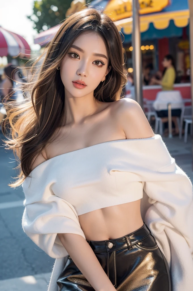 Ultra-Realistic Capture, Highly detailed, High resolution 16K close-up of human skin. Skin texture must be natural, Detailed enough to see even the pores, Skin should look healthy, In a unified tone. Use natural light and color, Photorealistic, whole bodyショット, whole body, highest quality, masterpiece, High resolution, (detailed:1.4), 1 girl, (Thick eyeliner), Light Hair Color, Streak, Hair Extensions, Dark eyeshadow, Fair-skinned, extremely thin eyebrows, Accentuate your eyes with eyeliner, False eyelashes, Off-the-shoulder tops, mini skirt, Take a selfie, amusement park