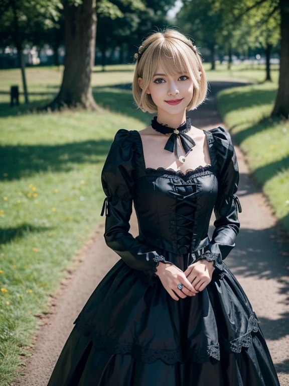 8K,Masterpiece,One woman,Smile,30 years old,blue eyes,Blonde Hair,Short Bob Hair,(Gothic ta Costumes),Ella Freya, a beautiful Dutch YouTuber(Ella Freya),