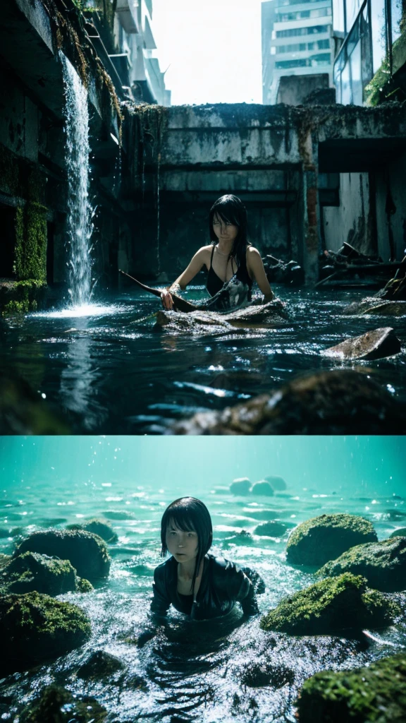 In the water,moss,Showa,Collapse,Devastation,Inside the ruins,Glasses,Women,adventure,Black and White,