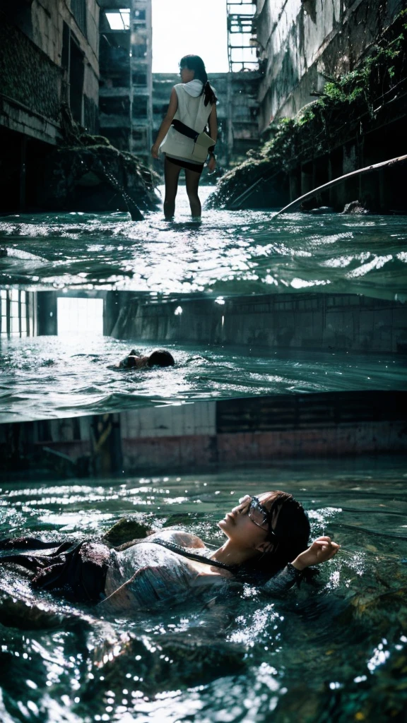 In the water,moss,Showa,Collapse,Devastation,Inside the ruins,Glasses,Women,adventure,Black and White,