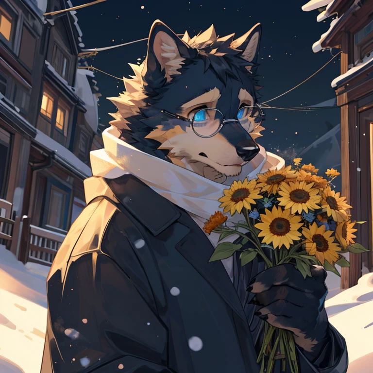 masterpiece,high quality,hairy,male,dog,Black fur,Perfect anatomical structure,Bright Eyes,Silver-toned round-rimmed glasses,Shy,White scarf,Catching light,Perfect background,In the snow,By Qingshan,Close-up face,Light blue pupils,Black trench coat,night,Delicate face,Holding a bouquet of sunflowers