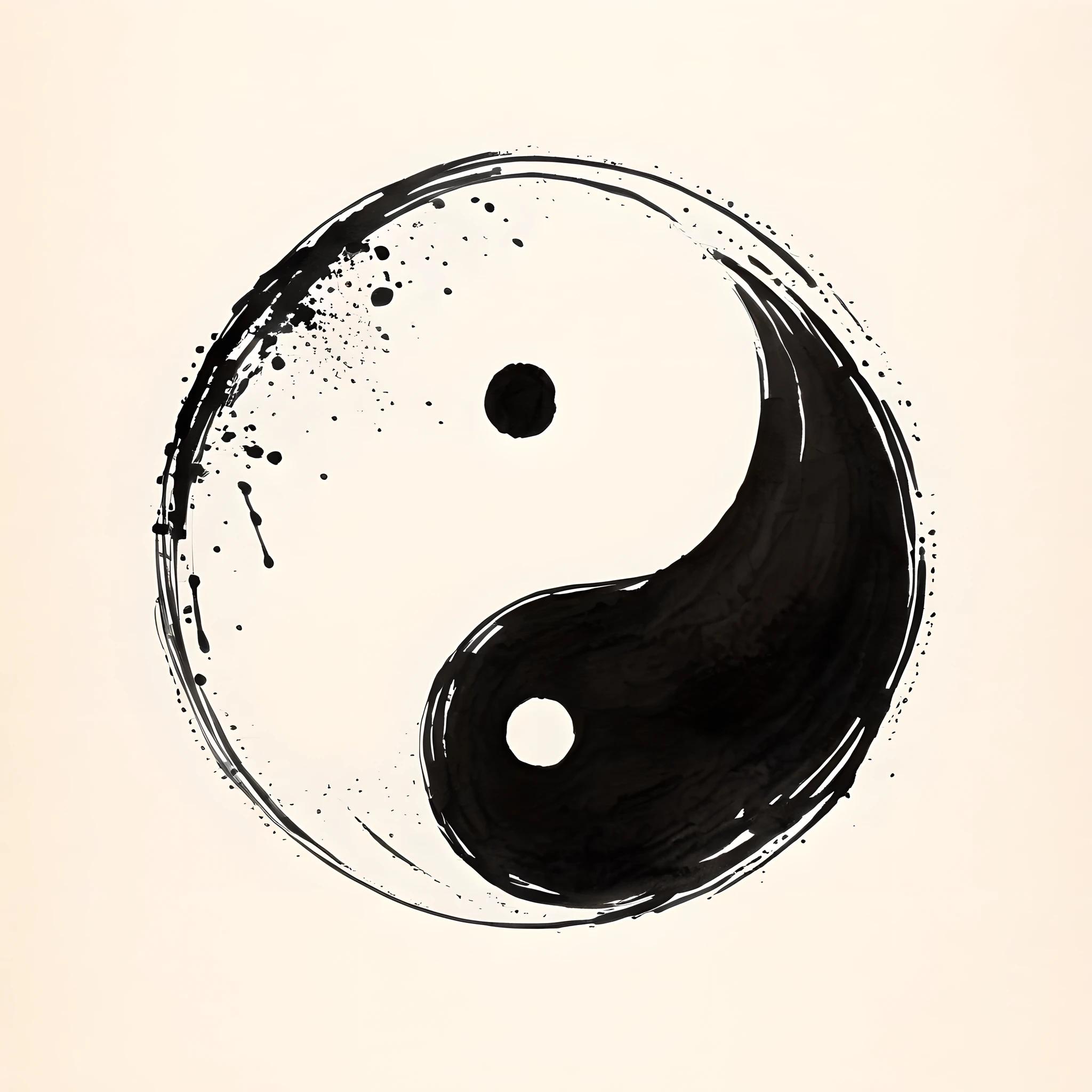 detailed yin and yang symbol, ink brush strokes, minimalistic depiction, (black and white:1.1), (traditional Chinese painting:1.2), balanced composition, delicate texture, harmonious contrast, soft lighting, spiritual essence