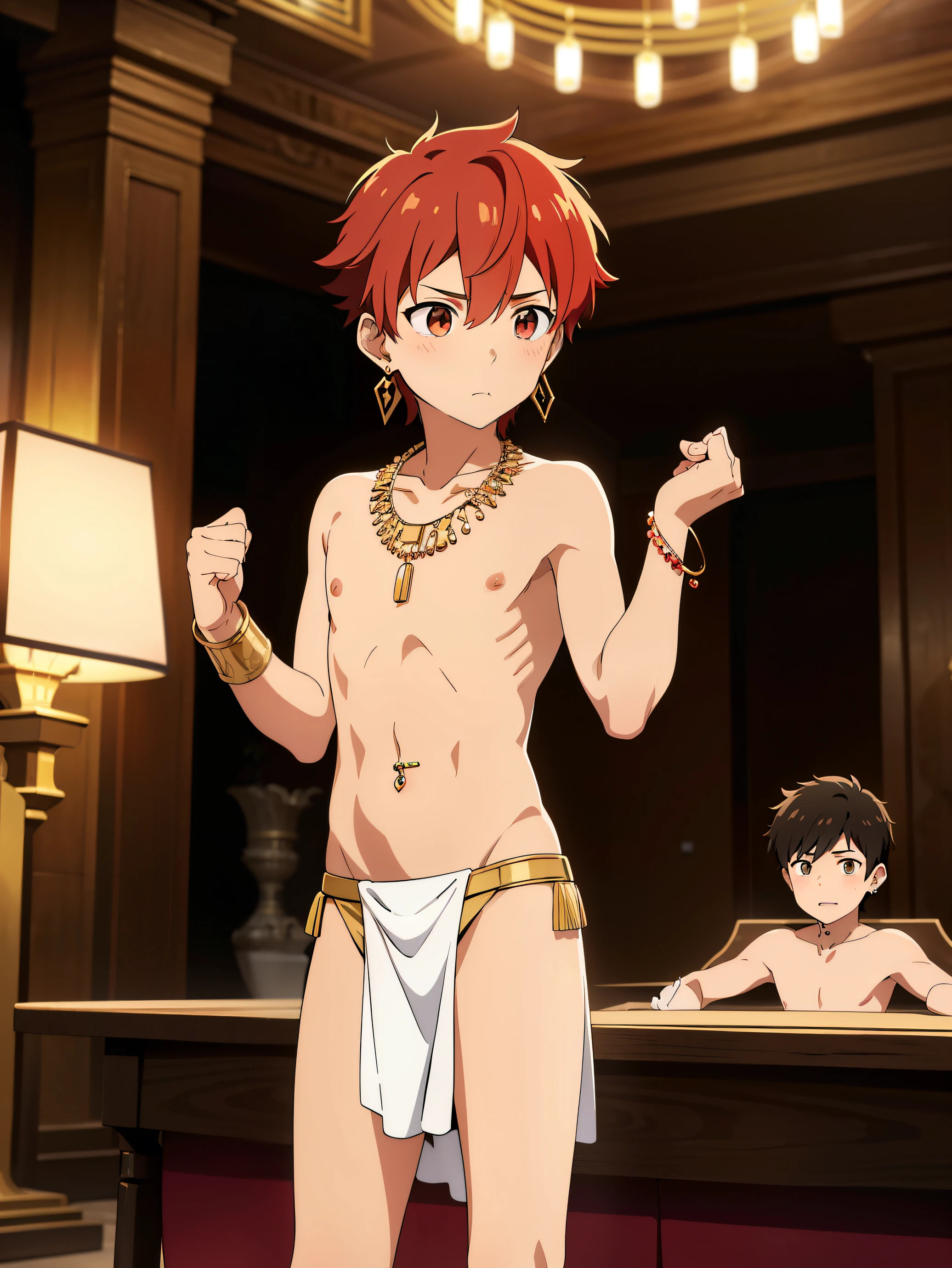 Highres, Masterpiece, Best quality at best,Best Quality,hight quality, hight detailed, 1boy, Boy,Fluffy hair, Side bangs, Shota, Solo person, Thin young boy without a shirt, Red hair, Egyptian palaces, Egyptian tribal luxury loincloth, earrings, bracelets, necklaces, navel piercing, (very young boy), boys, Blurry and simple beckground, bokeh, Uhd