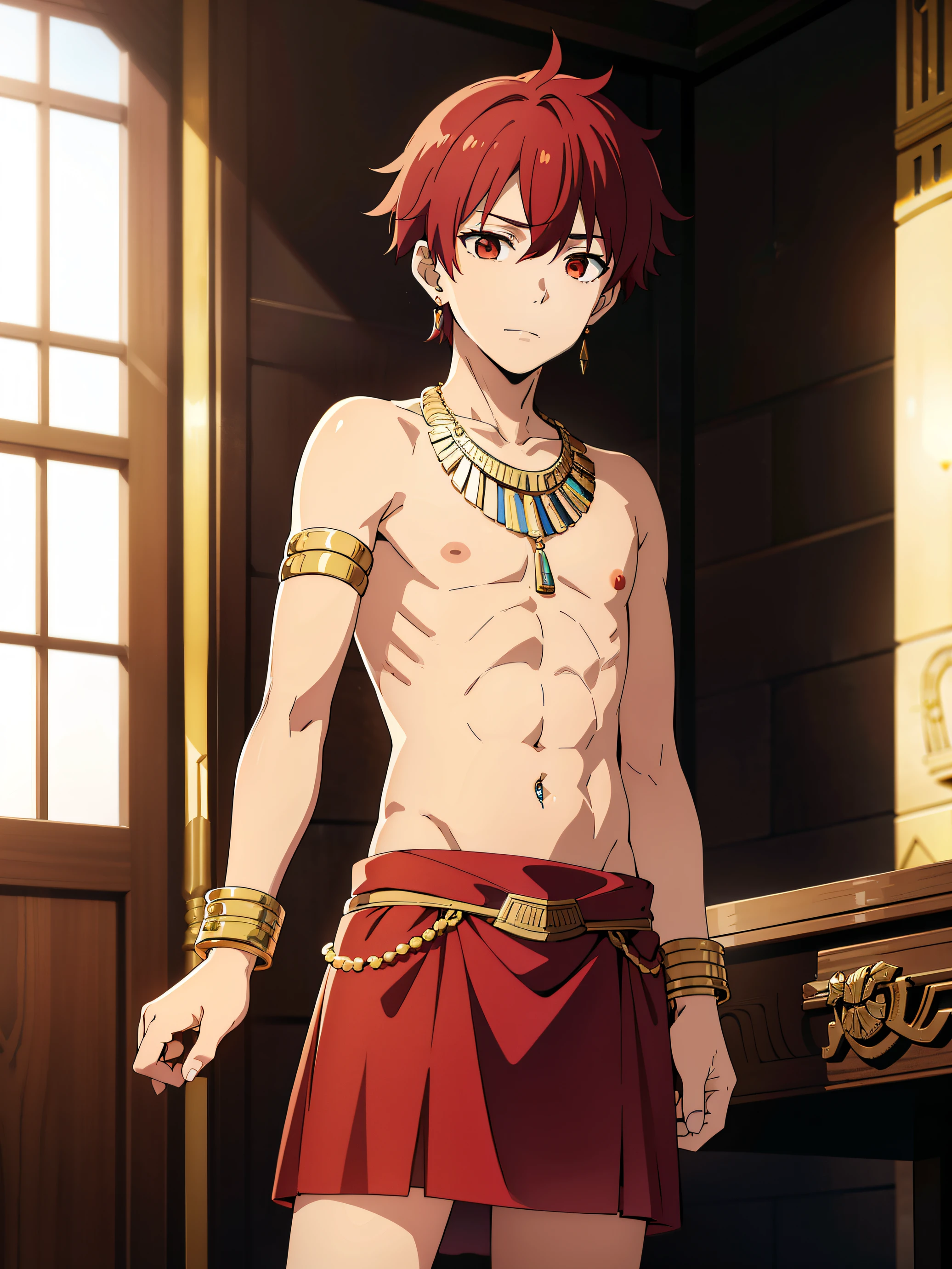 Highres, Masterpiece, Best quality at best,Best Quality,hight quality, hight detailed, 1boy, Boy,Fluffy hair, Side bangs, Shota, Solo person, Thin young boy without a shirt, Red hair, Egyptian palaces, Egyptian tribal luxury skirt, earrings, bracelets, necklaces, navel piercing, (very young boy), boys, Blurry and simple beckground, bokeh, Uhd