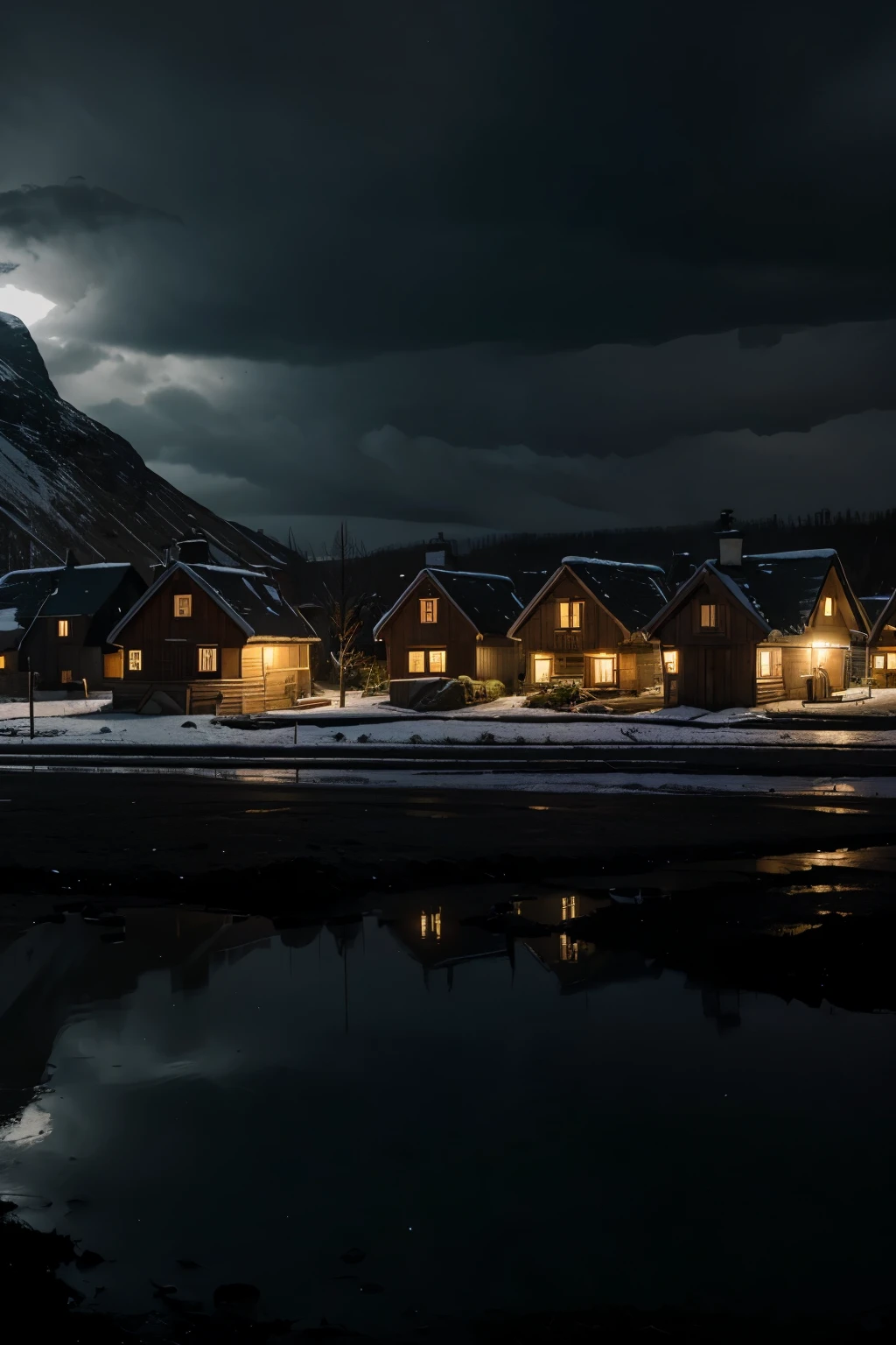 a small village of simple, Nordic houses. A big storm is coming. It's night and dark. There are lights in the streets, faint colors.