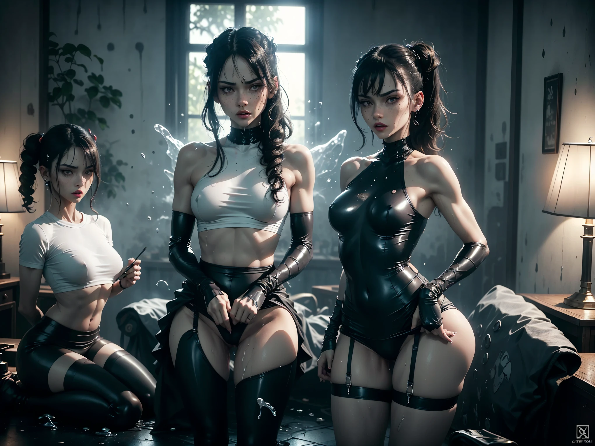 the women want to crush your tiny body with their asses, perfect tight butt, black hair, intense slutty transparent clothes, perfect legs and skinny thighs, tight wet pussy, white dripping cum, ((Perfect eyes and face)), ((closed wet full lips)), ((perfect hands and fingers)), ((( a lot of white cum is dripping out of her pussy))), ((she has a very skinny and toned strong body)), ((makeup)), ((freckles)), ((perfect eyebrows)), ((sharper edges)), ((perfect scary grey eyes)), perfect intimidating face, slut, sadistic, predatory, better detail on her skin, perfect face and strong jawline, perfect full wet lips, sadistic atmosphere, wet sweaty skin, more detail, beautiful intimidating grey eyes, ((beautiful horror)), better lighting, more toned muscles, perfect detail on her intimidating eyes, very tight underwear, ((tight pussy)), (((tighter clothing))), slutty, intense, perfect detail, tight and sexy, ((piercings)), better detail on her bellybutton, skinny, skinny and strong, more skin showing, intense, slutty, freckles, long skinny perfect legs, scary and intense, super sluts, domination, mistress, femdom, future, helpless, powerless, giantess