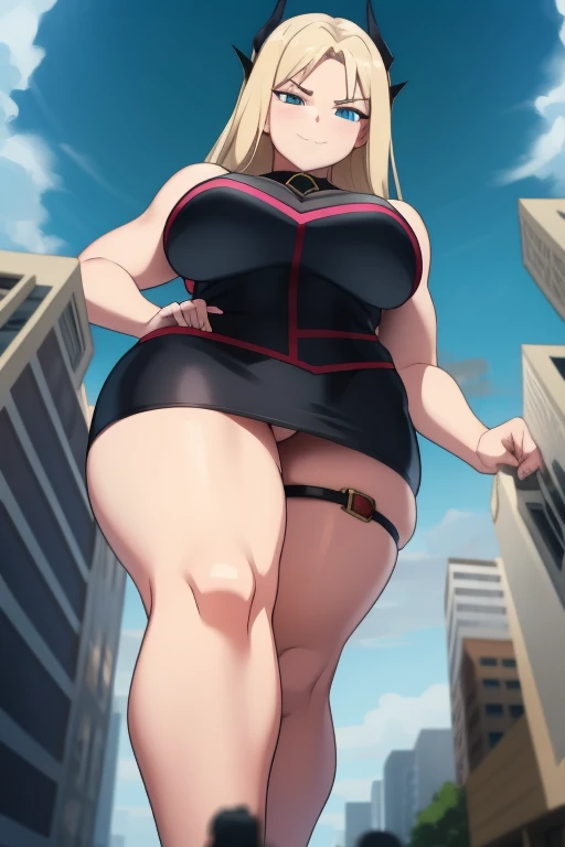 GTS, giantess, curvy, busty, smirk, evil, thick thighs, walking, stepping