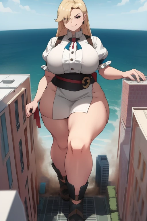 GTS, giantess, curvy, busty, smirk, evil, thick thighs, walking, stepping