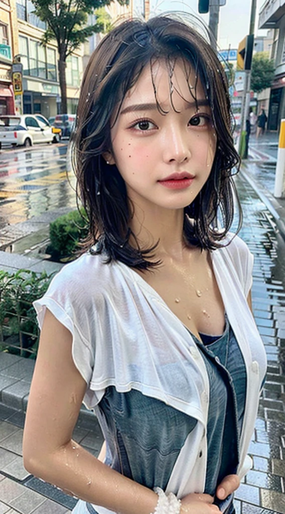 (((Best Quality, 8K, Masterpiece:1.3)), Focus: 1.2, Perfect Body Beauty: 1.4, Buttocks: 1.2, ((Layered Haircut, Breasts: 1.2)), (Wet Clothes: 1.1) , (Rain, Street:1.3), Bandeau Dress: 1.1, Highly Detailed Face and Skin Texture, Delicate Eyes, Double Eyelids, Whitened Skin, Short Hair, Bokeh, SFW, Safe For Work)