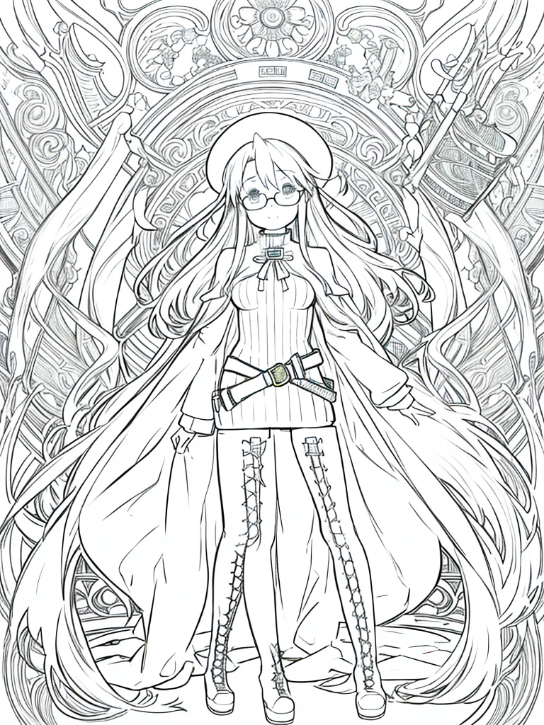 masterpiece, highest quality、Medium wide shot、1 Mature Woman、((((Flat Color))))、(((Anime Lineart)))、(aty, long hair, Hair between the eyes)、Big Breasts、thighhighs, hat, dress, boots, glasses, belt, cape, sweater, zettai ryouiki, beret, thigh boots, ribbed sweater, loose belt、Smiling、