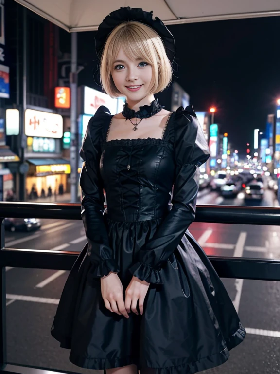 8K,Masterpiece,One woman,Smile,30 years old,blue eyes,Blonde Hair,Short Bob Hair,(Gothic Lolita Costumes),Ella Freya, a beautiful Dutch YouTuber（Ella Freya),Tokyo　The city of Akihabara