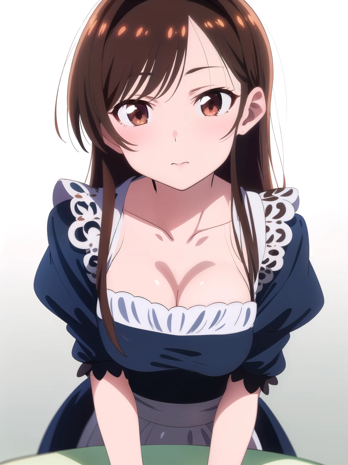 (1 woman), (brown eyes), (Intricate iris detailing), (front), (girl dressed as a maid), (Lower your eyes), (Chizuru Mizuhara), (White background)