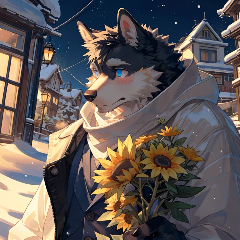 masterpiece,high quality,hairy,male,dog,Black fur,Perfect anatomical structure，Bright Eyes，Shy，White scarf,Catching light,Perfect background，In the snow，By Qingshan，Close-up face，Light blue pupils，Black trench coat，night，Delicate face，Holding a bouquet of sunflowers，Muscular，Silver-toned round-rimmed glasses