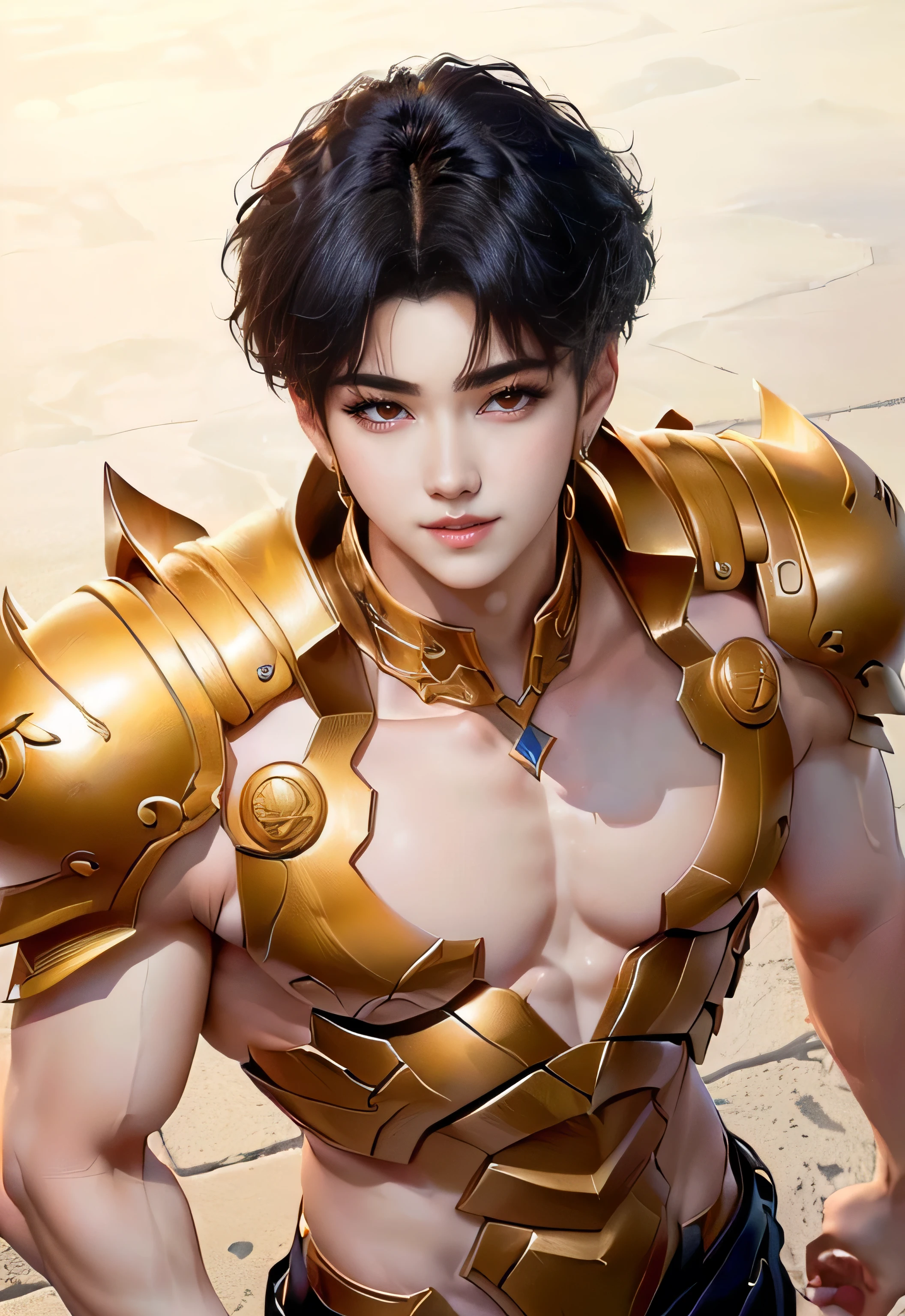 (((Imagem de hiper realista de corpo Inteiro))), (((Full body image from feet to head of very handsome young single man in his 20s, o homem mais bonito do mundo!!, he is the god of beauty!!, he is tall he is 1.92 metros de altura, tem pernas longas e musculosas!!, estilo anime, astro de k-pop,))), (((hair is short straight black))), (((His skin is very white like milk, pele branca como a de um vampiro))), (((Olhos grandes e dourados, inspired by manga and anime!!)), ((corpo muscular!!, sarado!!, pernas grossas!!, peitoral largo!!, strong arms!!)), (((inspirado em Cha Eun-woo do grupo de Kpop Astro!! Inspirado em V do BTS!!))), (((Inspirado em Cha Eunwoo do grupo de Kpop Astro))), ((he is smiling)), ((Vestindo uma armadura inspirada em Knights of the Zodiac, Knights of the Zodiac, portrait girl of the zodiac))
