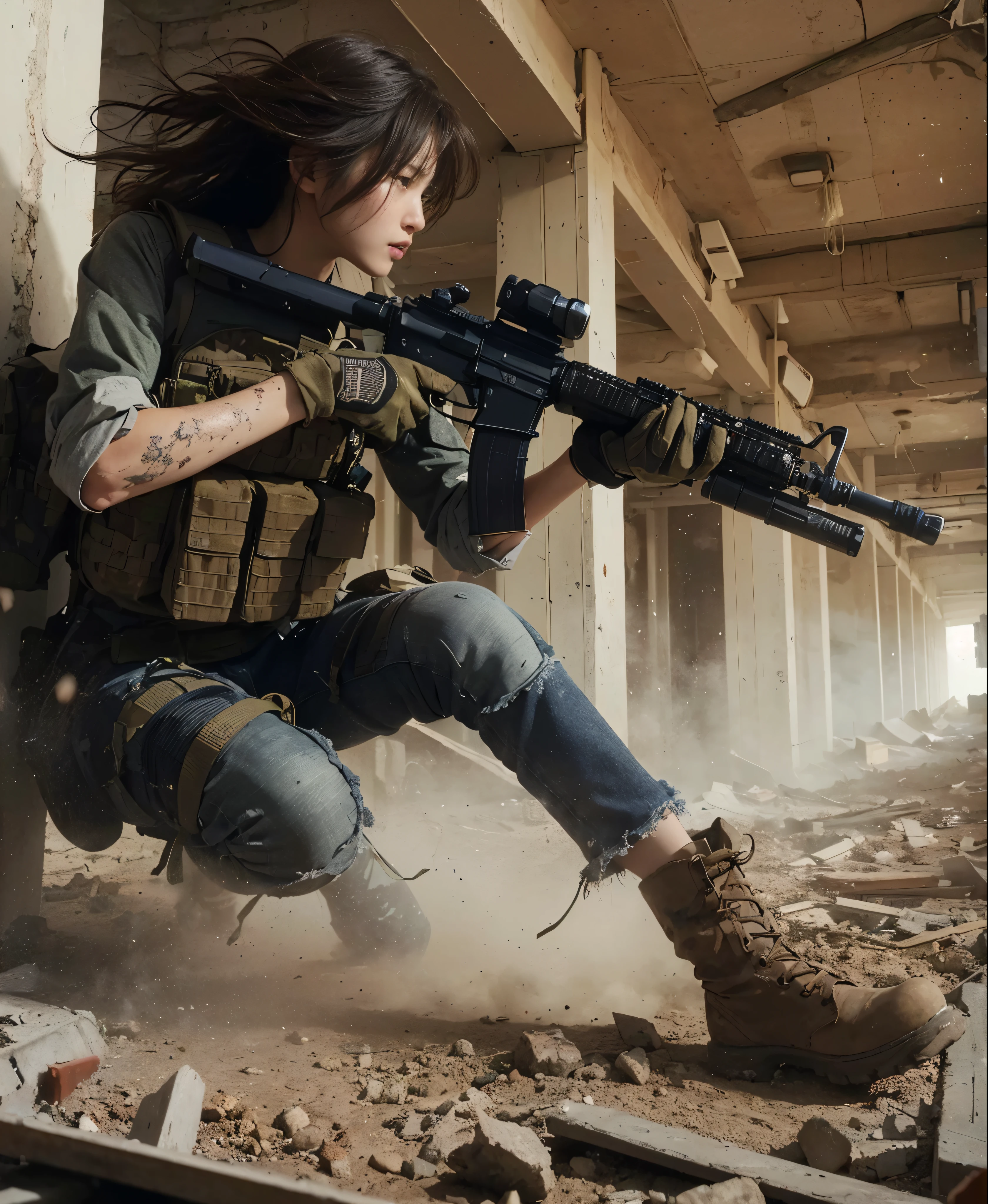 (Best quality, 8K, Realistisches Foto:1.2), realistische Hautstruktur, beautiful Japanese woman, who belongs to the US military, in the middle of a building littered with rubble, unter Beschuss, versucht zu fliehen und wehrt sich, crumbling walls, Sturmgewehr, kugelsichere Weste, Rucksack, Stiefel, Covered in wounds, entschlossener Ausdruck, dynamische pose, Innovative Zusammensetzung, Staub in der Luft