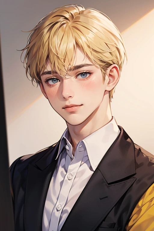 solo,portrait of a young businessman, office background with workers, blonde hair, nervous smile,looking away, blush, shy