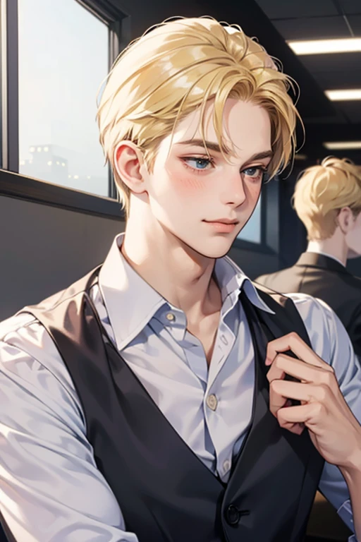solo,portrait of a young businessman, office background with workers, blonde hair, nervous smile,looking away, blush, shy