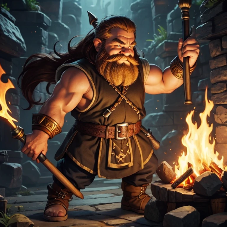 Cartoon dwarf , mythical hammer , fire , black smith 