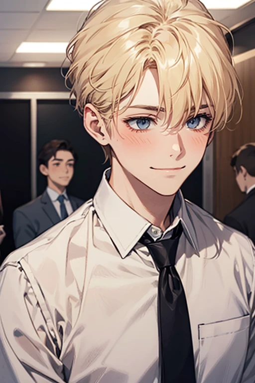 solo,portrait of a young businessman, office background with workers, blonde hair, nervous smile,looking away, blush, shy