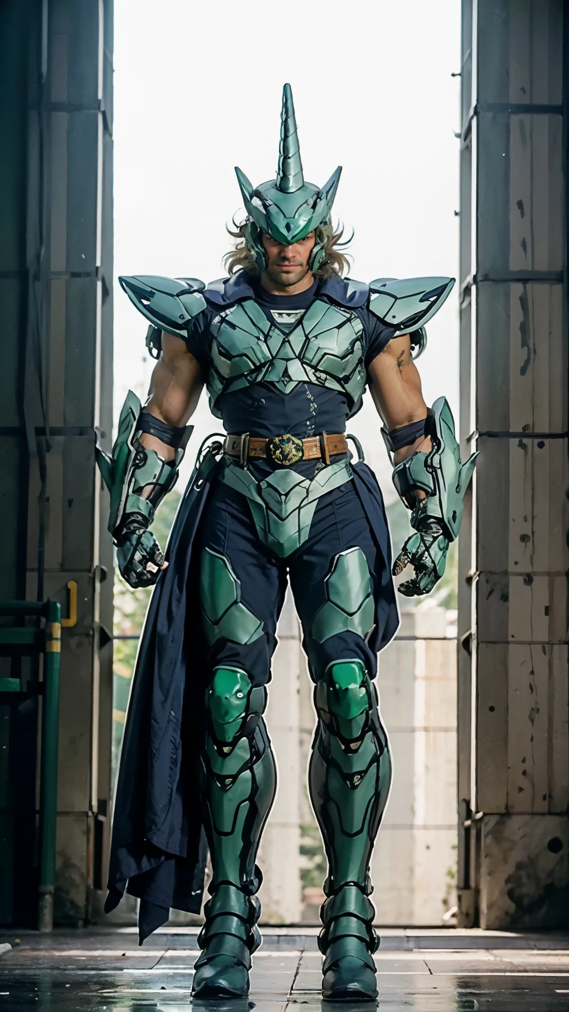 A man wearing a full-face helmet, a fantasy-style biotech armored combat suit, green eyes, (a composite layered chest armor), fully enclosed shoulder guards, matching arm and leg guards, the belt is adorned with Horseshoe-shaped marker, (the color scheme is primarily white with green accents), the design balances heavy with agility, a high-tech bio-mecha armor, (Armor Concept Inspired by Unicorn, stand on the top of a skyscraper in a futuristic sci-fi city), this character embodies a finely crafted fantasy-surreal style armored hero in anime style, exquisite and mature manga art style, (battle damage, element, plasma, energy, the armor glows), ((male:1.5)), metallic, real texture material, dramatic, high definition, best quality, highres, ultra-detailed, ultra-fine painting, extremely delicate, professional, perfect body proportions, golden ratio, anatomically correct, symmetrical face, extremely detailed eyes and face, high quality eyes, creativity, RAW photo, UHD, 32k, Natural light, cinematic lighting, masterpiece-anatomy-perfect, masterpiece:1.5