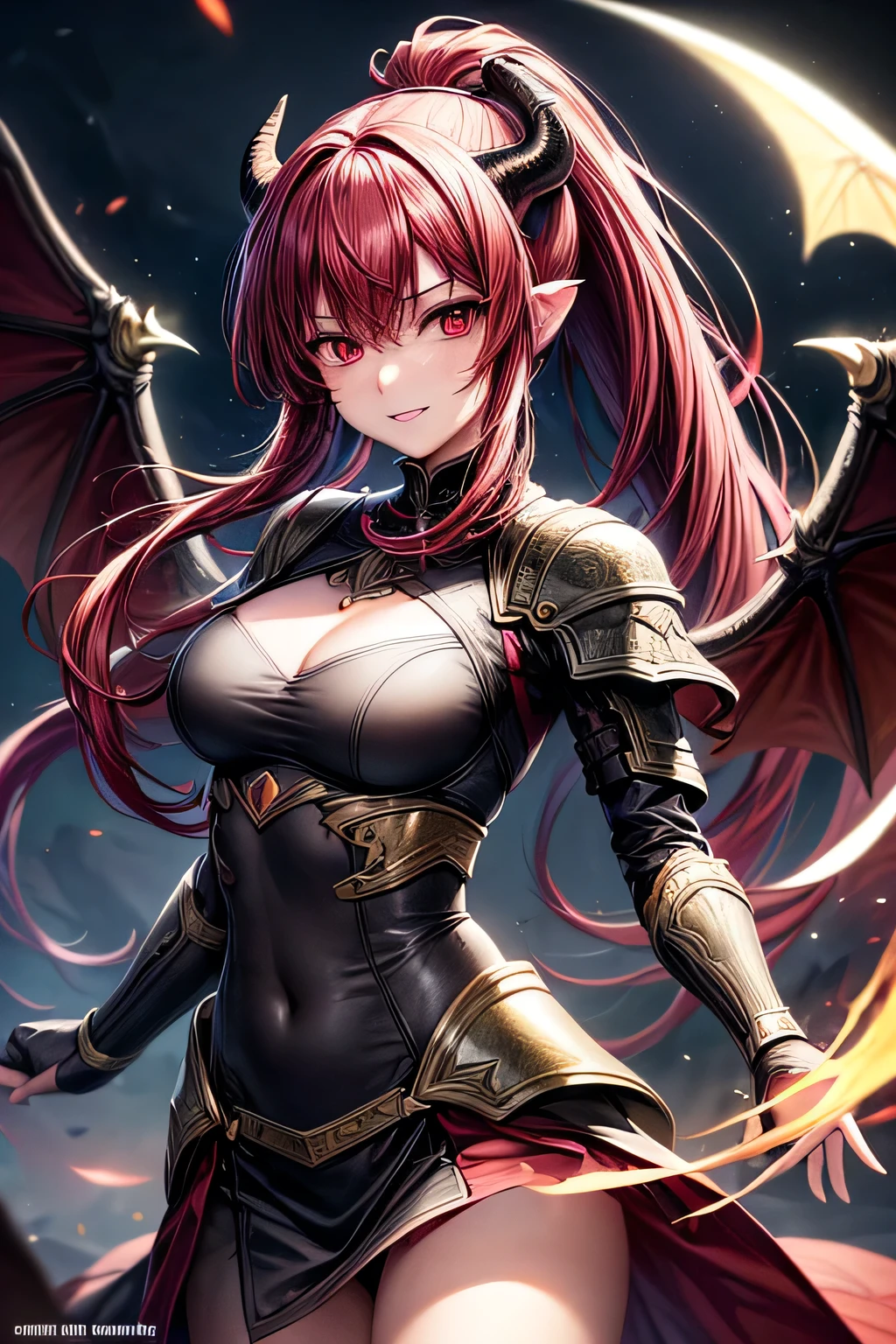 (masterpiece, top quality, best quality, official art, beautiful and aesthetic:1.2), (1girl:1.3), extremely detailed, (fractal art:1.2), colorful, highest detailed, use women armor, challenging smile, challenging pose, intricate, depth of field, cinematic lighting, soft lighting, yellow light, night, close-up, looking at viewer, parted lips, wallpaper, fantasy, detailed eyes, (red eyes), predator pupils, red hair, ponytail hairstyle, bangs, small breast, five fingers, ((black horns), wings, dragonian, Dragontail), standing, (cowboy shot), in Battlefield 