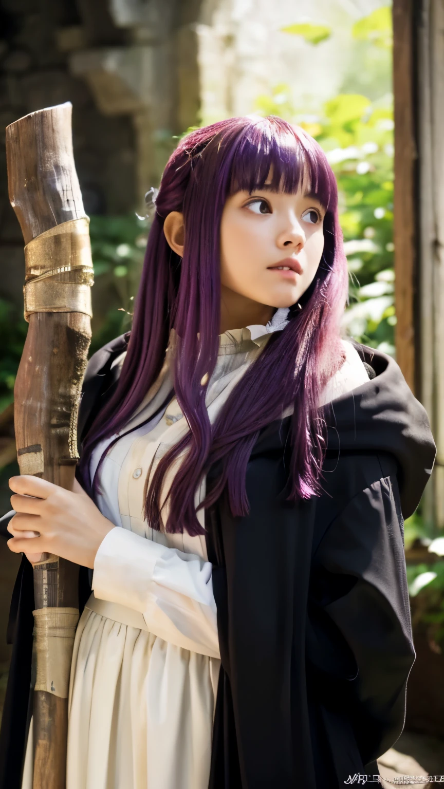 live-action, photo of, A scene inspired by the manga 'Frieren: Beyond Journey's End', fern, A hyper-realistic movie photograph of a beautiful cute girl with long, straight purple hair and blunt bangs cropped bangs, purple eyes, She is standing in a wooden room with large windows, holding a staff wooden stick with a curved end, She is wearing a long, flowing white dress Ruffles around the neck with ((a black cloak)), The scene captures a serene and mystical atmosphere, reflecting the essence of a fantasy movie