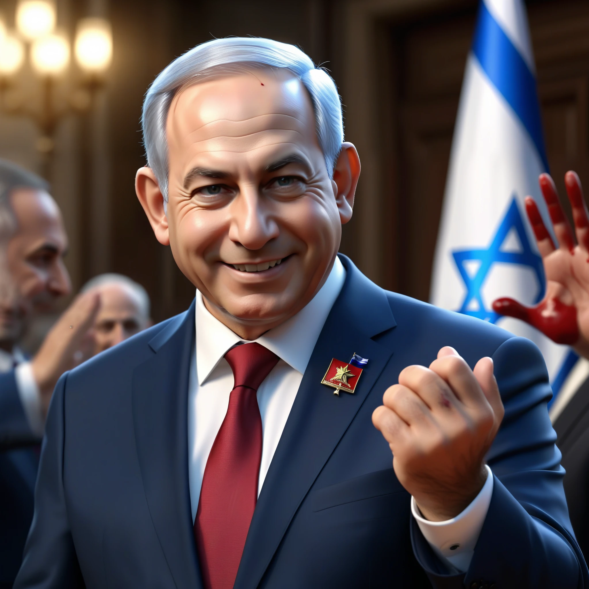 (masterpiece:1.2) (photorealistic:1.2) (bokeh) (best quality) (detailed skin) (intricate details) (8k) (high poly) (ray tracing) (cinematic lighting) (sharp focus),( full body:1.2),  (half body:1.2) The truth of clean smiling Benjamin Netanyahu (trying to wipe blood from his hands:1.4), (malevolence:1.2) Israel flags