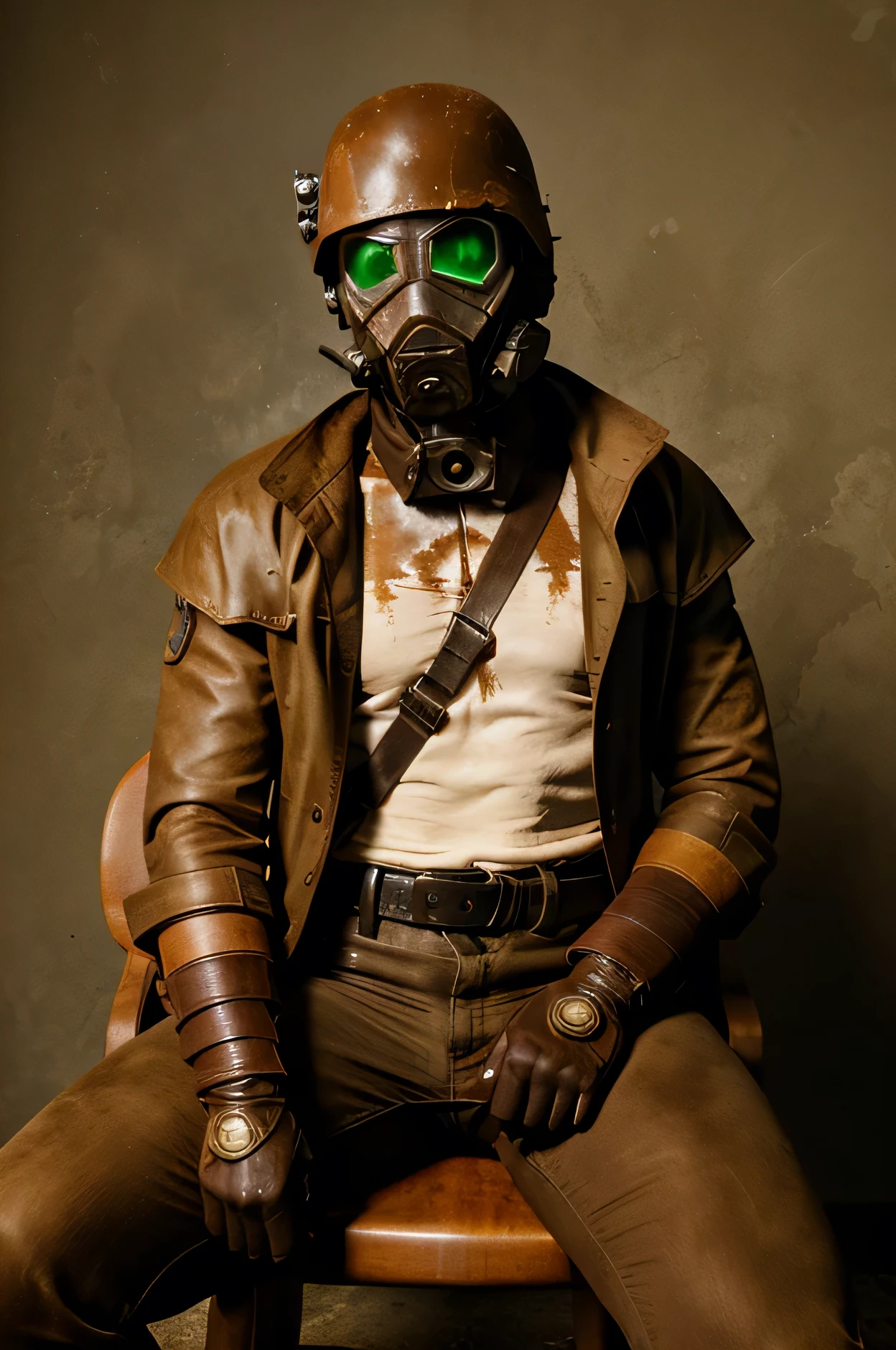 masterpiece, best quality, 1man, solo, desert ranger, glowing eyes, red eyes, duster, harness, sitting on chair, badass
