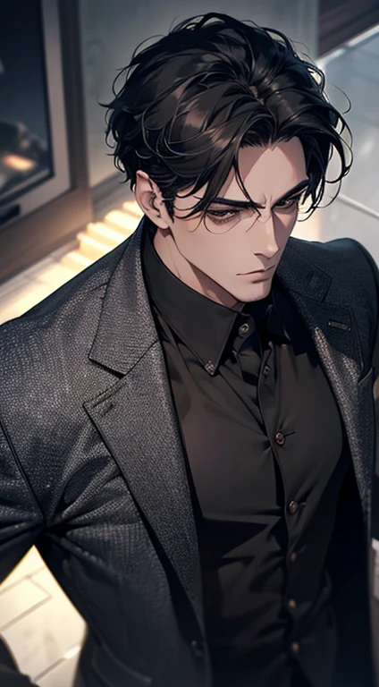 (best quality, masterpiece, 8K, photorealistic, cinematic lighting, 1:4 hdr image, top view, ultra detailed, beautiful image), a mature man, very handsome, short black hair, black eyes, perfect face without errors , ((buttoning his jacket, CEO))