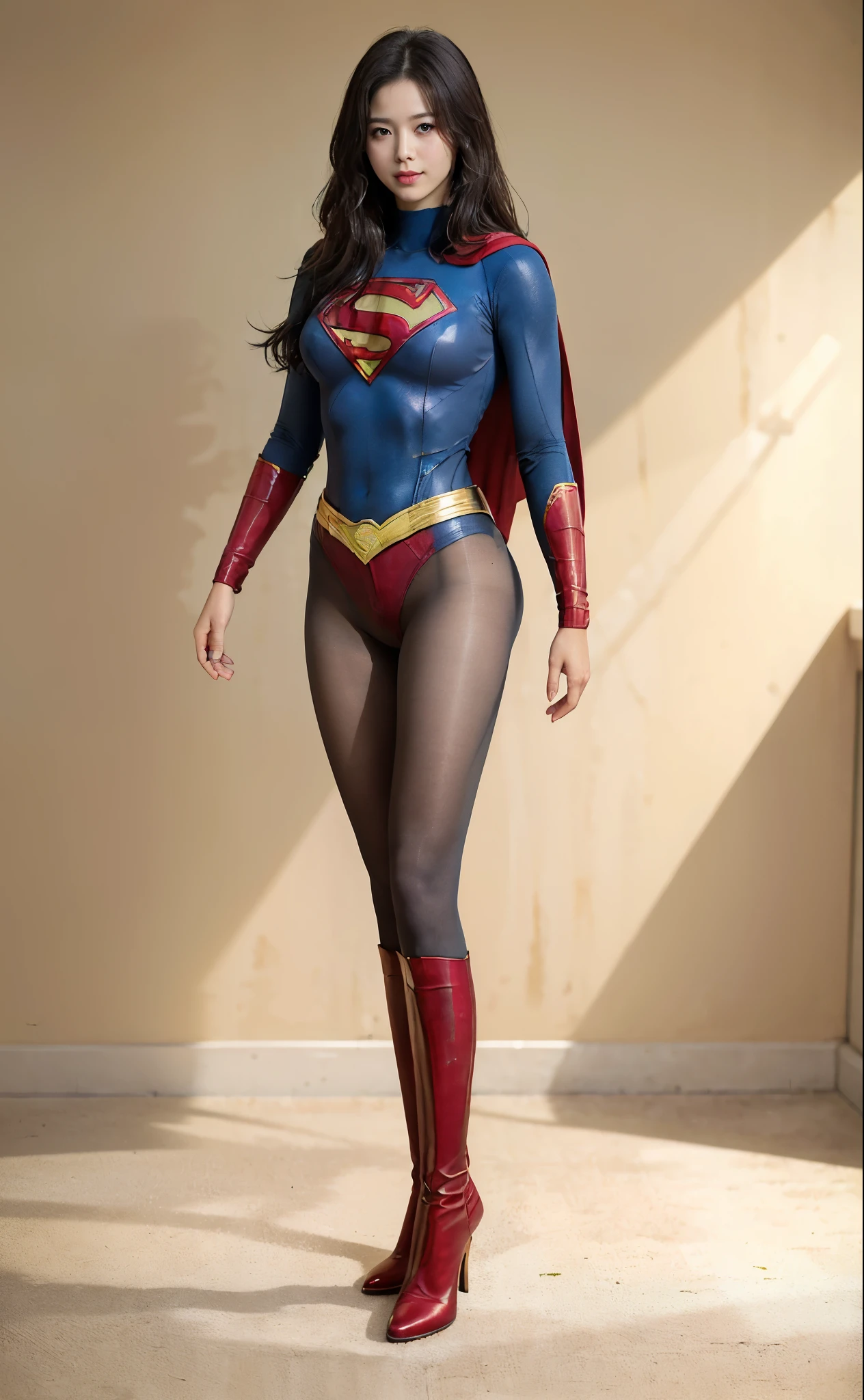 No background、(((Beautiful legs in black tights.)))、(((Legally express the beauty of your smile)))、((((Make the most of your original images)))、(((Supergirl Costume)))、(((Beautiful Hair)))、(((suffering)))、(((Please wear black tights....、Wear red boots)))、((Best image quality、8k))、((highest quality、8k、masterpiece:1.3))、(((Preserve background )))、Sharp focus:1.2、Beautiful woman with perfect figure:1.4、Slim Abs:1.2、Wet body:1.5、Highly detailed face and skin texture、8k